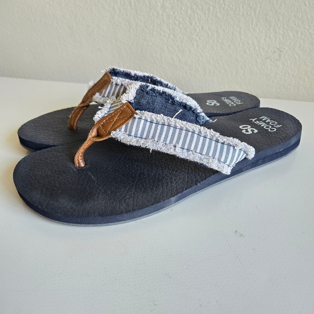 SO Comfy Foam Navy Blue Striped Frayed Denim Flip Flop Sandals Womens Size 9